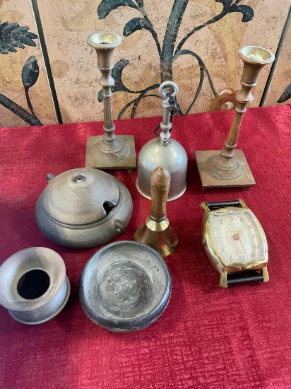 Vintage Bells, Watch & Candle stick holders, 8 pieces.