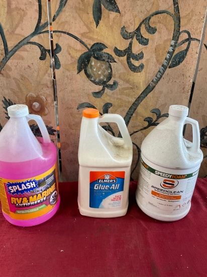 Splash RV & Marine Antifreeze, Elmers Glue all, Speedclean alkaline foaming coil cleaner.