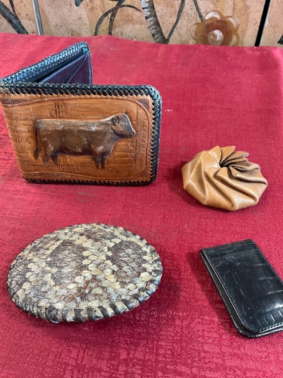 Leather items. Wallet, belt buckle, money clip, coin bag. 4 pieces