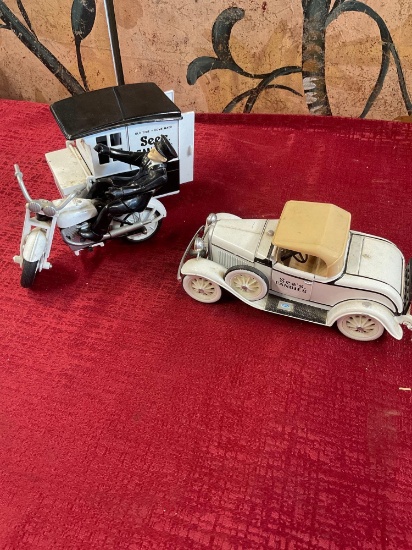 Vintage Sees Candy ERTL Ford 1930 model car & Motorcycle cart & side car. 2 pieces