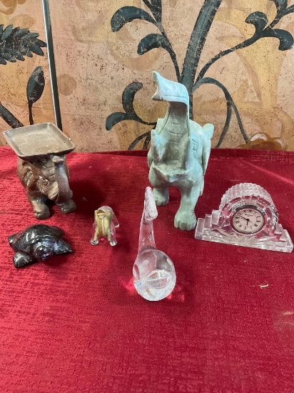 Assorted glass, copper, stone figurines. 6 pieces