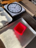 Assorted pans, toilet seat, clock, insert. 6 pieces