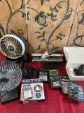 Assorted office supplies, fans, cup warmer, etc