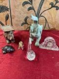 Assorted glass, copper, stone figurines. 6 pieces