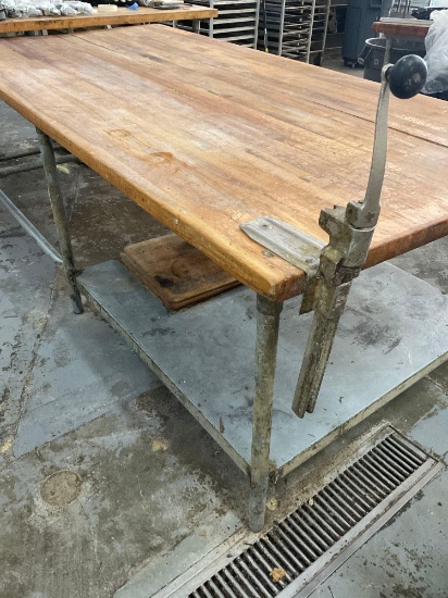 Maple Bakers table, galvanized frame with can opener and under shelf storage 48" x 96"x 2"