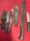 Assorted knives ( two have sheathes) & machete. 4 pieces