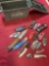 Ammo box & assorted foldable knives, multi use tools, etc. 19 pieces