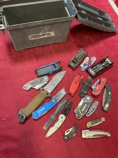 Ammo box & assorted foldable knives, multi use tools, etc. 19 pieces