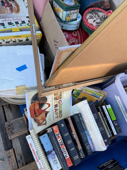 Large lot of assorted picture, frames collectable tin cans, books, etc