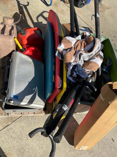 Large lot of gas containers, shoes, buggy boards, etc