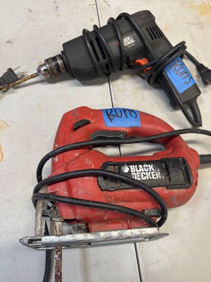 Black & Decker electrical drill and jig saw, both turned on