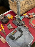 Assorted tools/ items includes wood/ metal crate