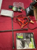 Assorted car items. Inflator, tire tie down, Daytona 3 ton jack, etc. 6 pieces