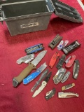 Ammo box & assorted foldable knives, multi use tools, etc. 19 pieces