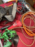 Assorted items. Straps, jumper cables, tool belt, funnels etc. 8 pieces