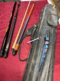J & J bag, Action cue, Lucky cue, Viking cue, cue shaft & assorted chalk