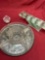 Shannon Crystal 5 section lazy Susan serve ware, Mikasa bowl, Partylite green glass candle holder