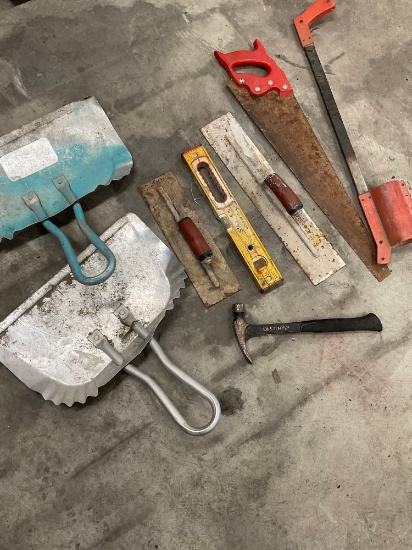 Assorted tools. Shovels, saw, leveler, etc. 8 pieces