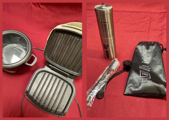 George Foreman grilling machine turned on, Aroma rice cooker, Lucky & Son coffee manual grinder