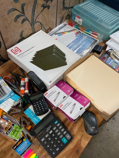 Grouping of assorted office items. Clips, File folders, Scissors, Pens, etc. New & Used.
