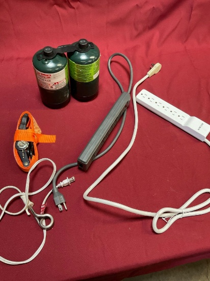 Coleman propane, Ratchet strap, Power strips, electric water heater