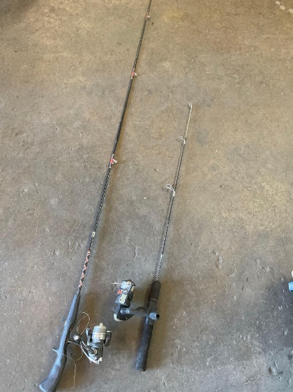 64" Zebco fishing rod with split Decision reel & 36" Shakespeare Marvel fishing rod & reel