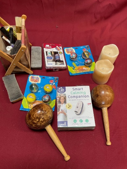 Grouping of Misc items, Maracas, Candles, Smart calming device, etc