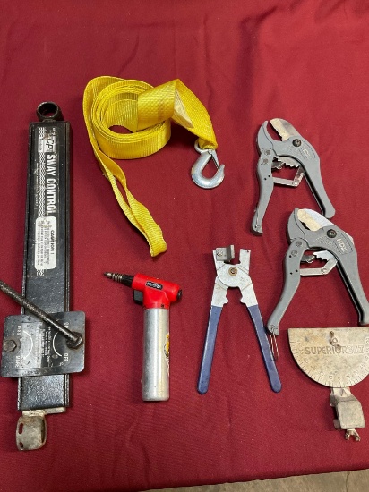 Tools, CP Sway control, Robson lighter, HDX tubing cutters, strap with hook, etc. 7 pieces