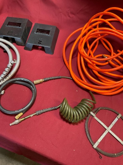 Face shields and assorted air hoses, wire, etc. 7 pieces