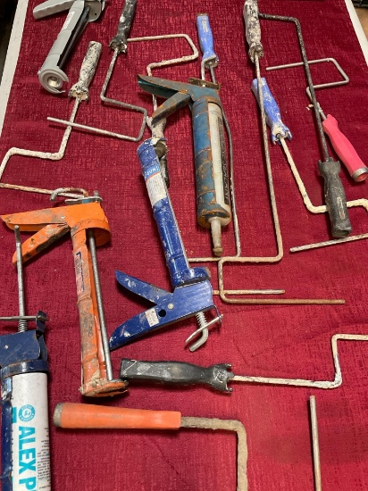 Assorted roller handles & caulk guns. 15 pieces