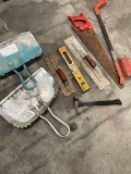 Assorted tools. Shovels, saw, leveler, etc. 8 pieces