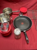 Assorted pots, pan, glass storage containers with lids, etc. 9 pieces