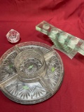 Shannon Crystal 5 section lazy Susan serve ware, Mikasa bowl, Partylite green glass candle holder