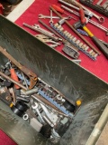 Large metal ammo tool box no lid and assorted tools