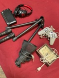 Electronic items, assorted Headphones, clock, tripod, microphones, etc. 8 pieces