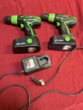 Kawasaki 21.6v cordless drills, both turned on with charger & battery
