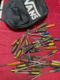 Vans backpack and assorted screwdrivers. Over 30 pieces