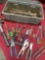 Plastic tool box and assorted tools. Over 50 pieces