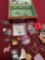 Jewelry box and assorted custom jewelry, pins, keychains, etc. 46 pieces