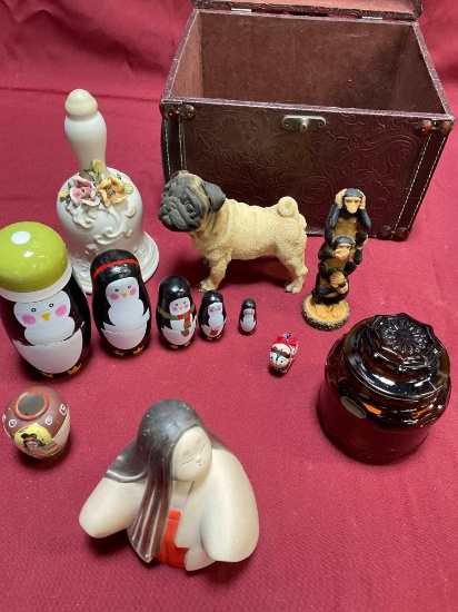 Box, assorted figurines, nesting dolls, etc. 12 pieces