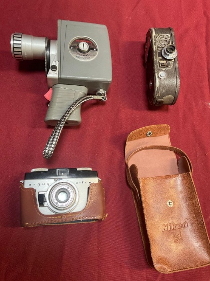 Vintage Electra & 8mm cameras, Argus A-four camera, Nikon case. 4 pieces