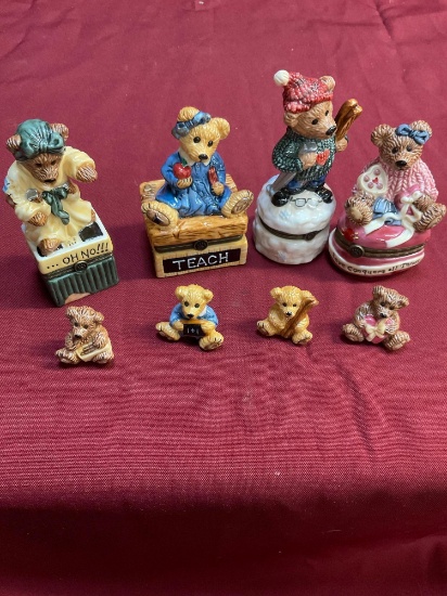 Bearware Pottery trinket boxes with baby bear. 4 figurines