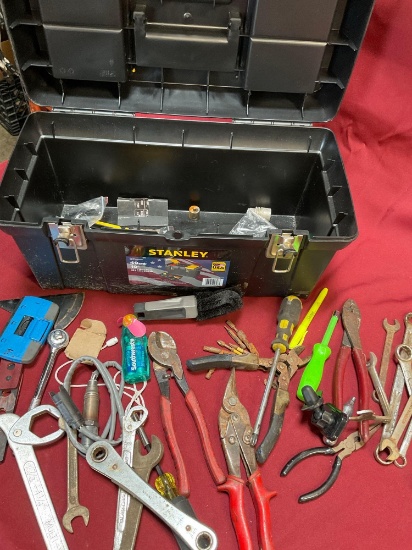 Stanley tool box and assorted tools. Over 30 pieces