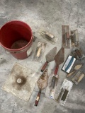 Bucket & assorted concrete finishing trowel, hand tools, etc 15 pieces