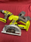 Ryobi drill & saw, 2) batteries only one works, no charger, both machines worked