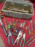Plastic tool box and assorted tools. Over 50 pieces