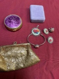 Vintage coin purse, jewelry set, compact