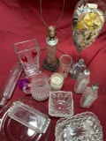 Glass items. lamp, plates, oil containers, vase, pitcher, etc. 18 pieces