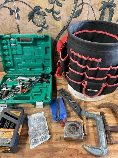 Bucket with Husky tool skirt & assorted tools/ items