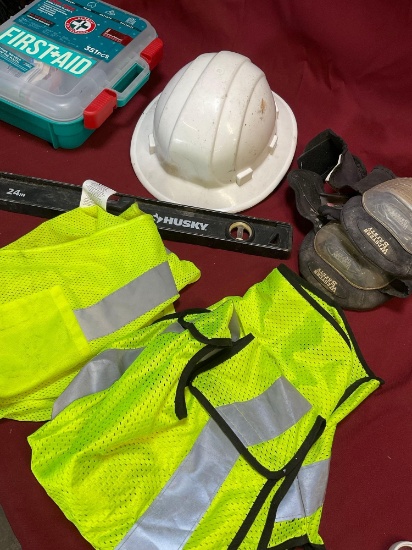 Vests, hat, knee pads, 24" leveler, first aid kit. 6 pieces